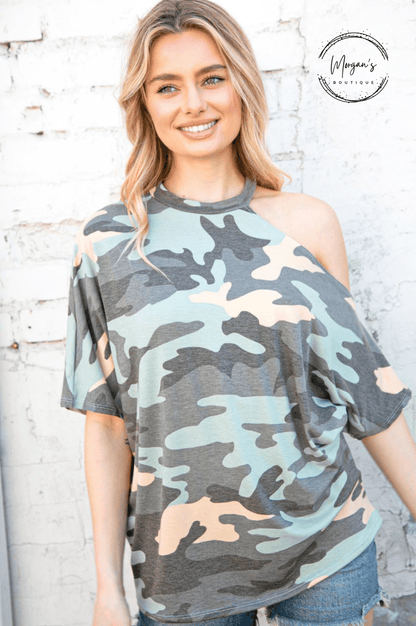 Camo Cold Shoulder Top
