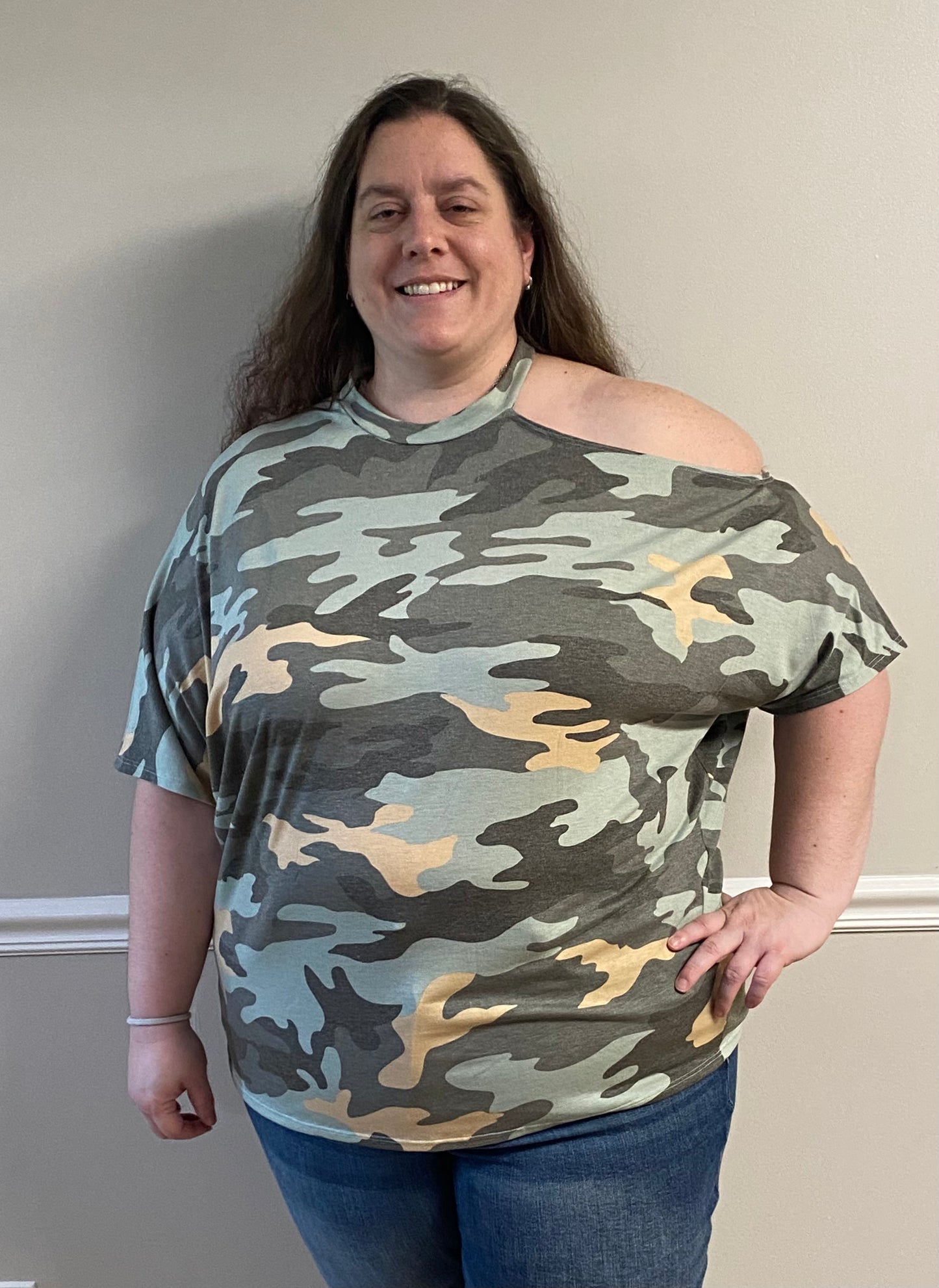 Camo Cold Shoulder Top